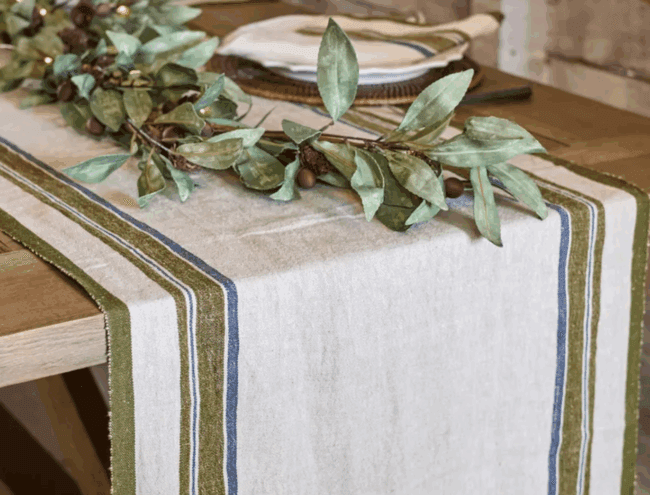 Linen Table Runner Green Selvedge Stripe
