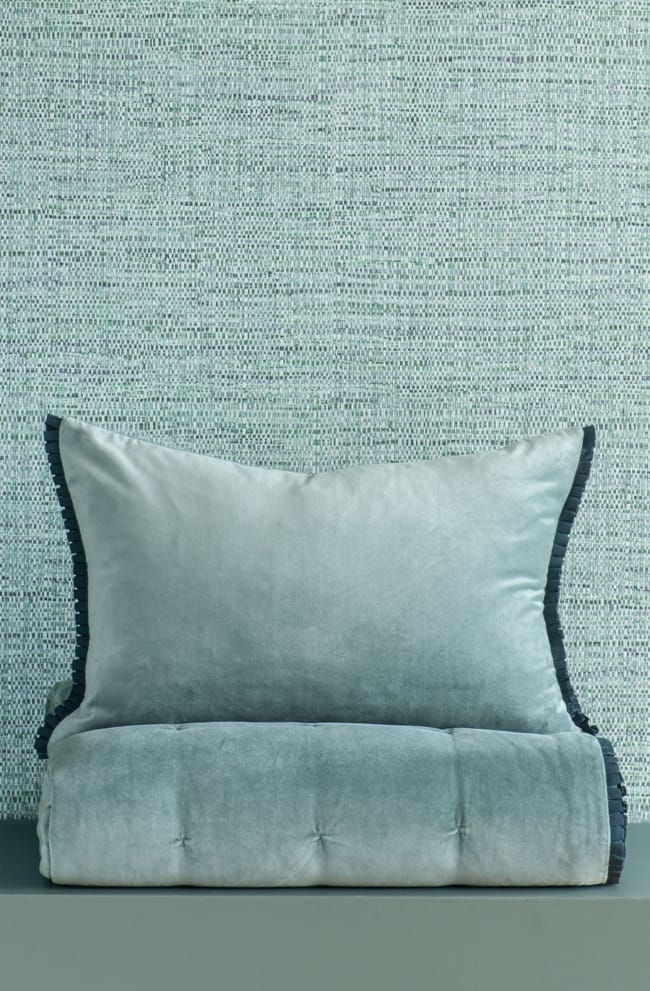 Plissado Duck Egg Comforter and Cushion Stack WEB