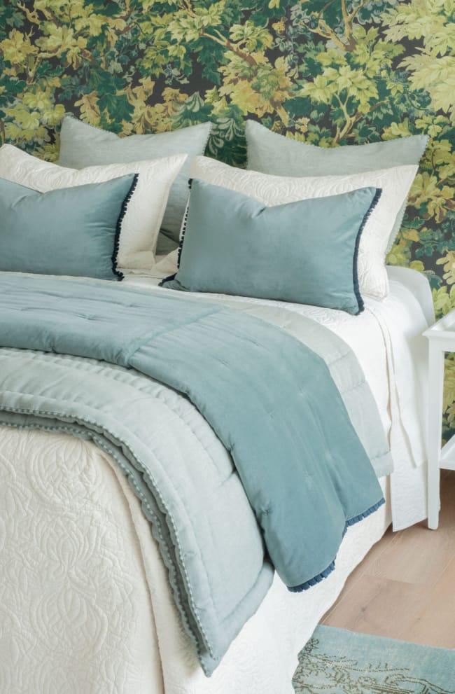 Plissado Duck Egg Comforter and Cushions Styled
