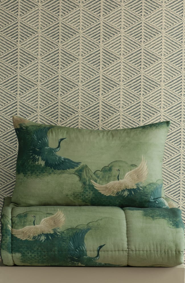 Tsuru Spruce Pillowcase and Comforter Stack